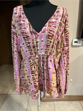 Savanna Jane Pink Brown Patterned V-Neck Peplum Blouse